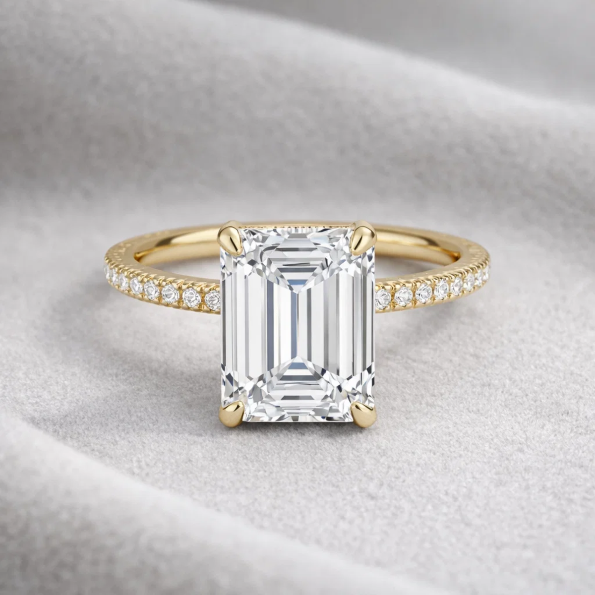 2 Ct Emerald cut Lab Grown Diamond Hidden Halo Engagement Ring 14k Yellow Gold