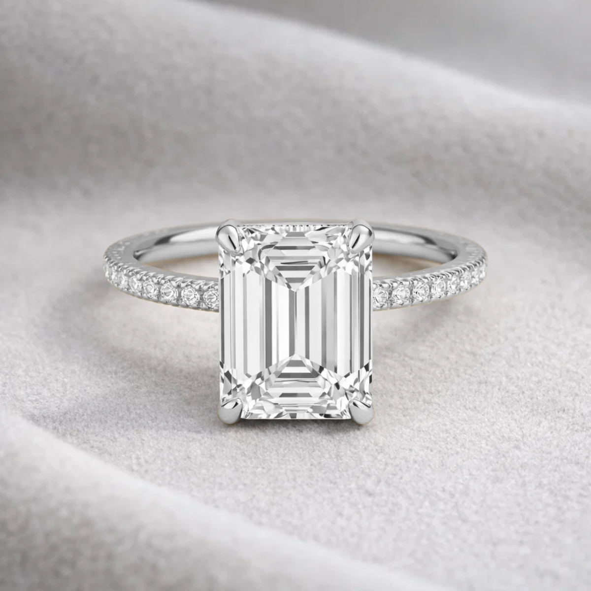2 Ct Emerald cut Lab Grown Diamond Hidden Halo Engagement Ring 14k White Gold
