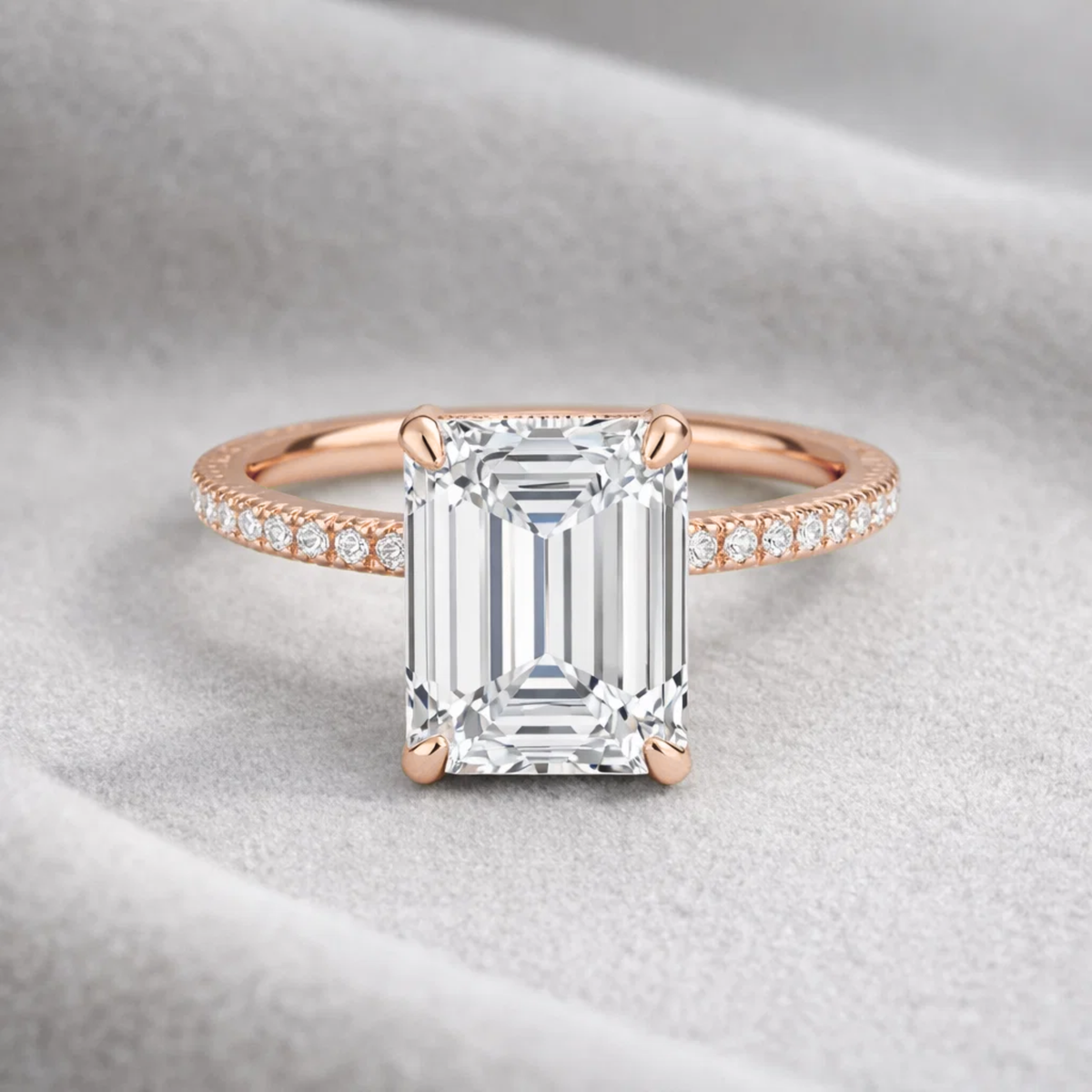 2 Ct Emerald cut Lab Grown Diamond Hidden Halo Engagement Ring 14k Rose Gold